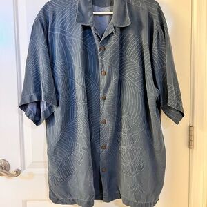 100% Silk Vintage Tommy Bahama Blue Banana Leaf Jacquard Aloha Shirt